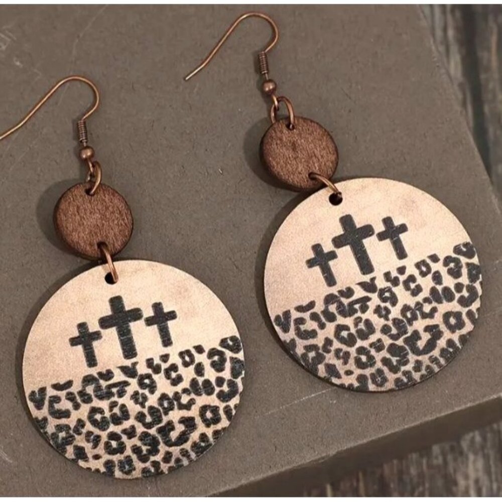 Leopard‎ Print Cross Earrings With Wooden Accents New